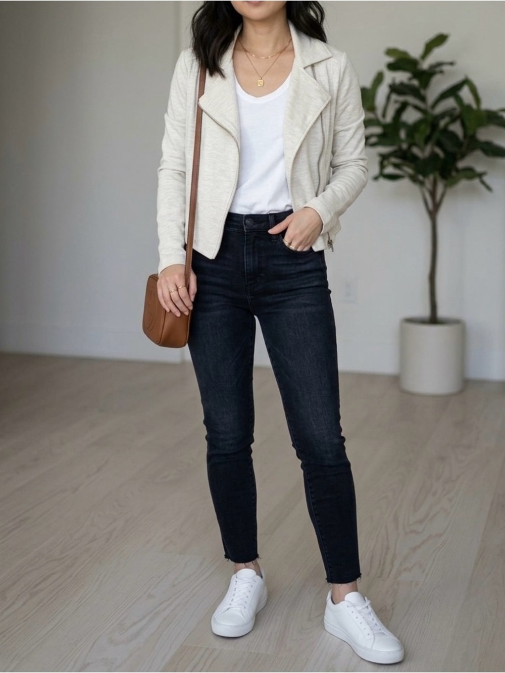 Forever 21 Cream Asymmetrical Zip Biker Jacket